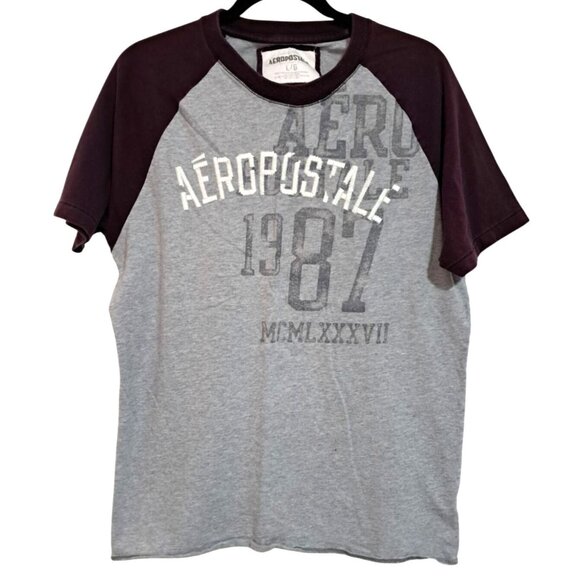 Aeropostale Mens Raglan Graphic T-Shirt Size L Gray & Burgundy - Picture 1 of 8